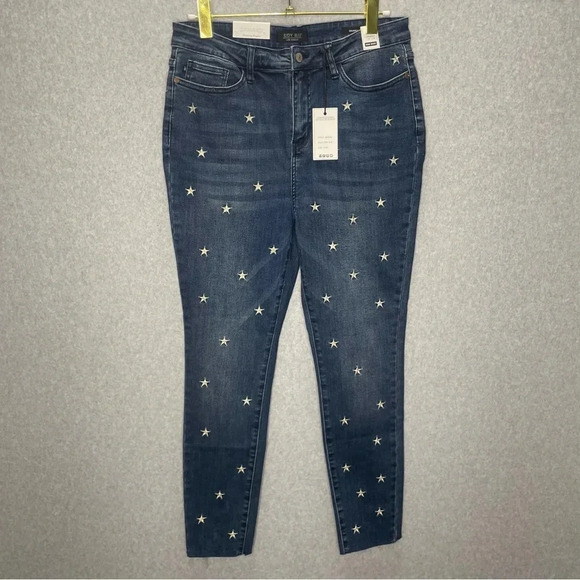 Judy Blue High Rise Starry Night Raw Edge Embroidered Skinny Jeans - Picture 7 of 11